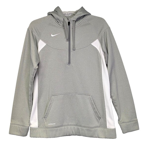 Nike Therma Fit 1/4 Zip Pullover Hoodie Grey Fleece Sweatshirt Womens Large - Picture 1 of 12